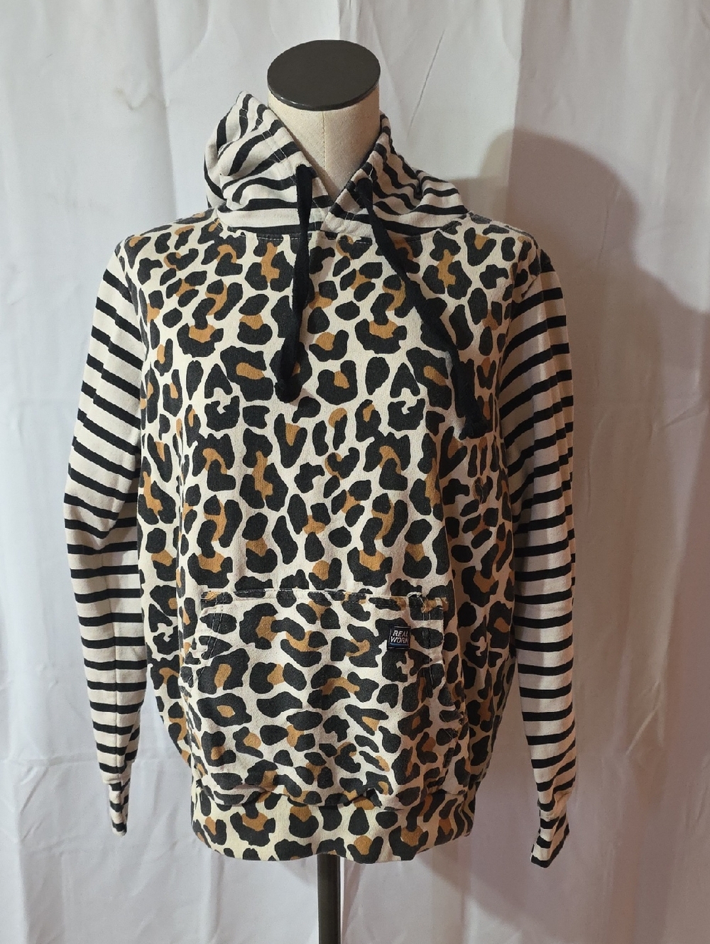 Leopard & Stripe Pullover Hoodie - Cream/Black/Tan